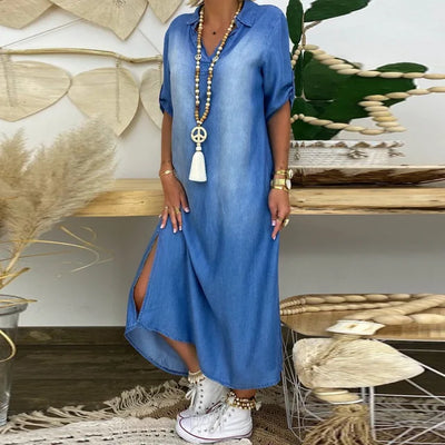 Lea | Abito lungo effetto jeans con spacco laterale