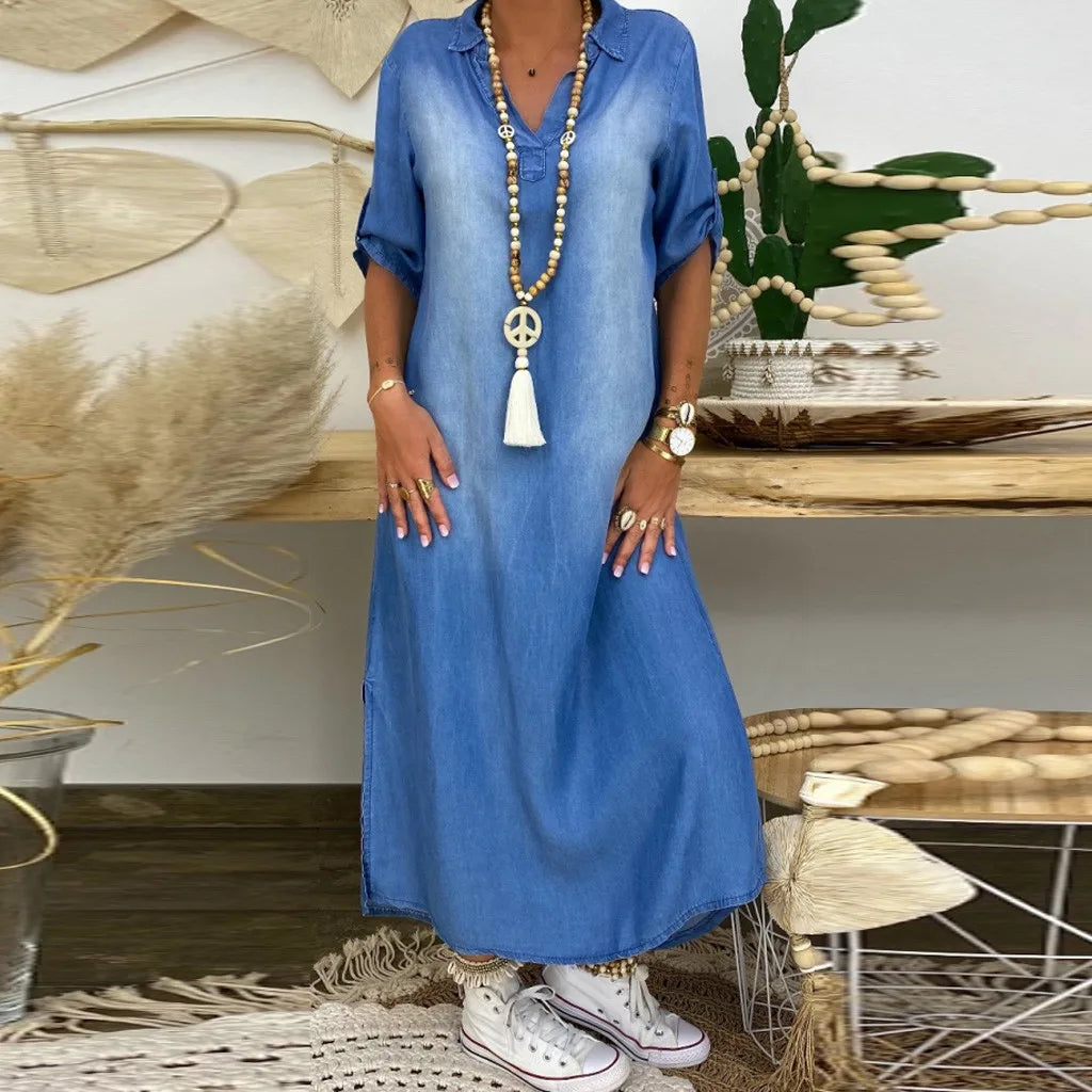 Lea | Abito lungo effetto jeans con spacco laterale