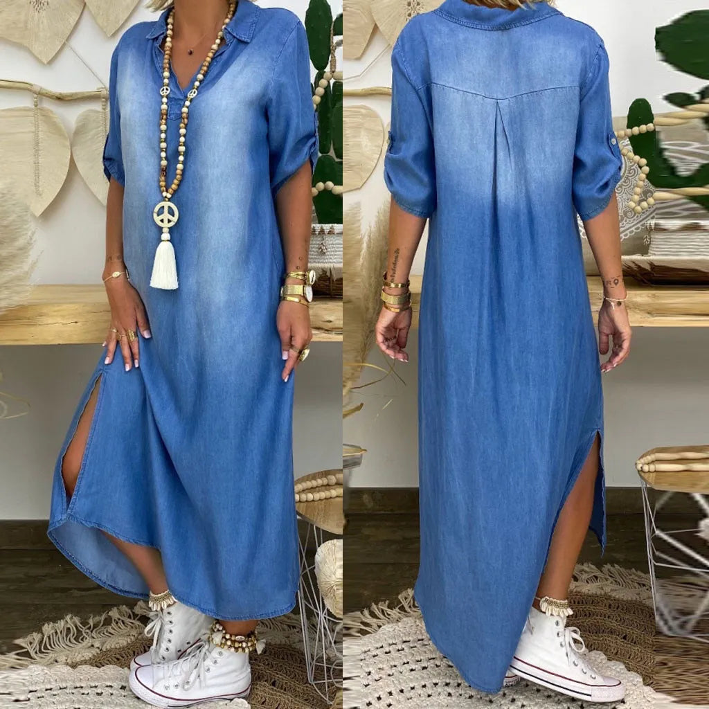 Lea | Abito lungo effetto jeans con spacco laterale