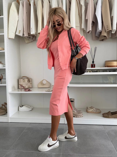 Karin™ | Set abito midi e bomber in maglia a coste