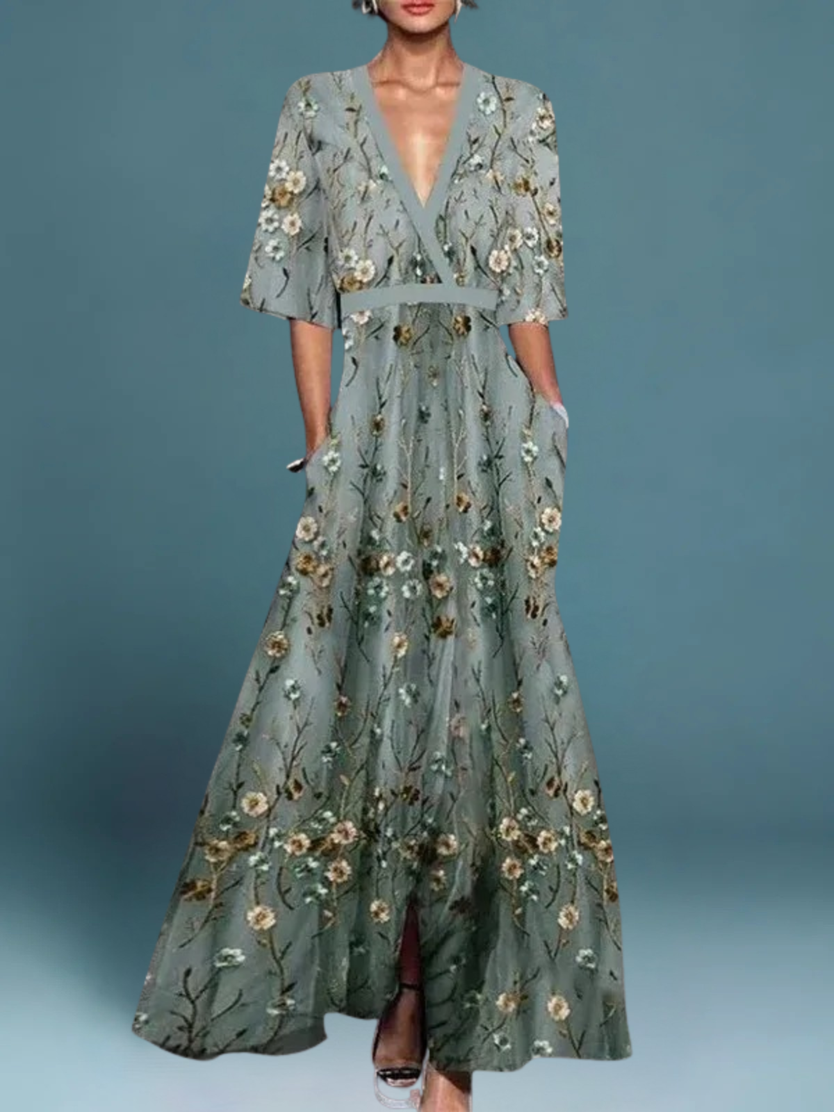 Lauren - Elegante abito floreale con scollo a V e cintura in stile bohémien